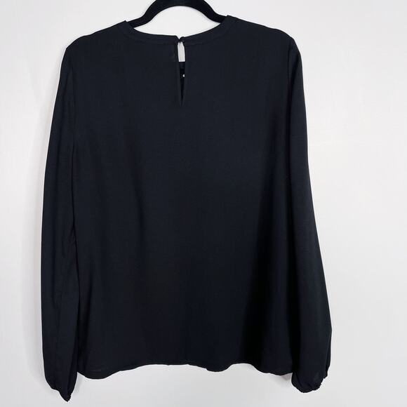 Halogen Medium M Black Eyelet Ruffle Yoke Detail Long Sleeve Blouse Top Peasant - Picture 2 of 8